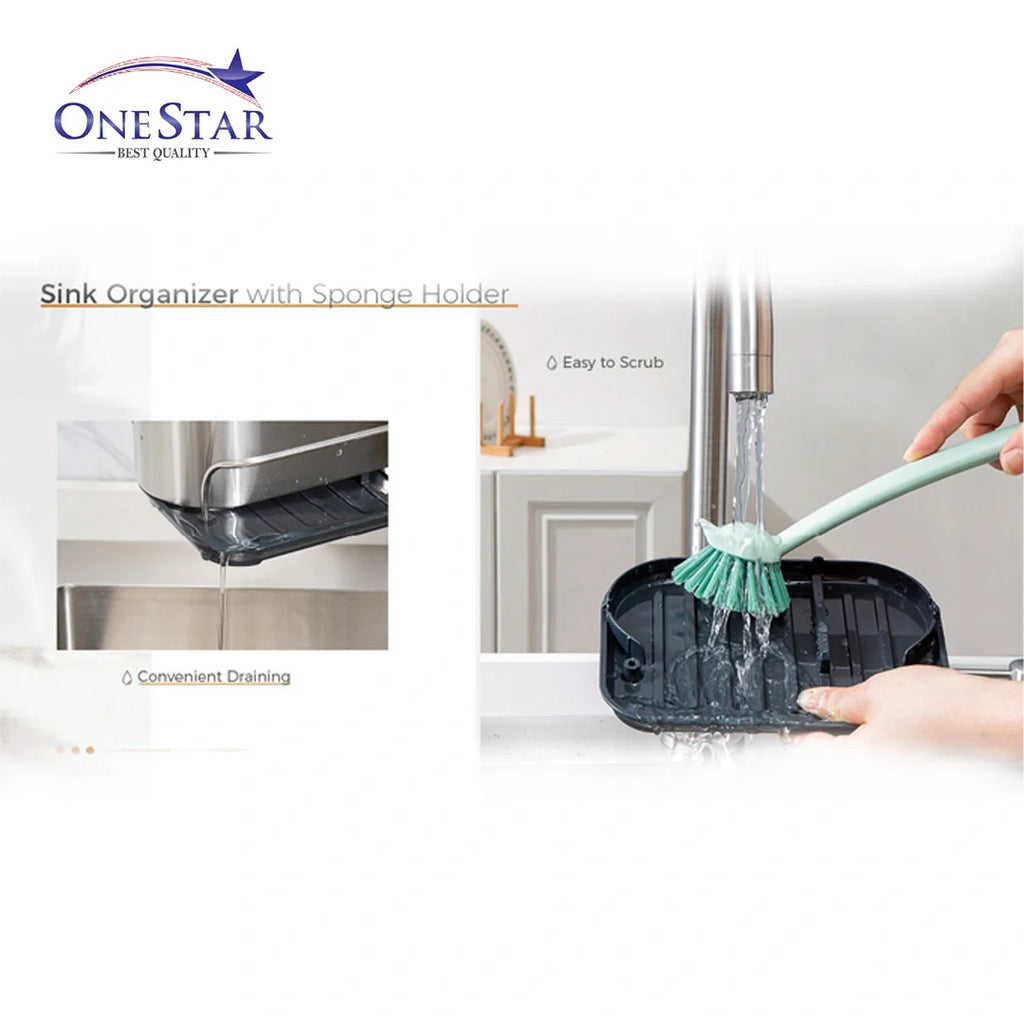 One Star Sink Organizer with Sponge Holder – Kitchen Sink Caddy for Soap, Brush & Sponge Storage