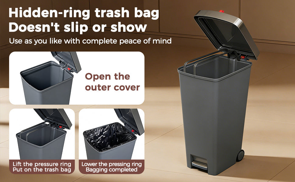 Gray trash bin with step-on lid mechanism on a wooden floor.