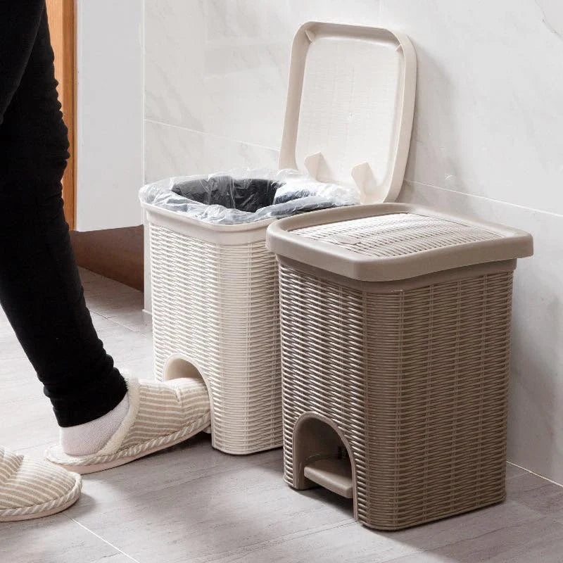 Rattan style plastic pedal trash bin with lid – KT Bazar