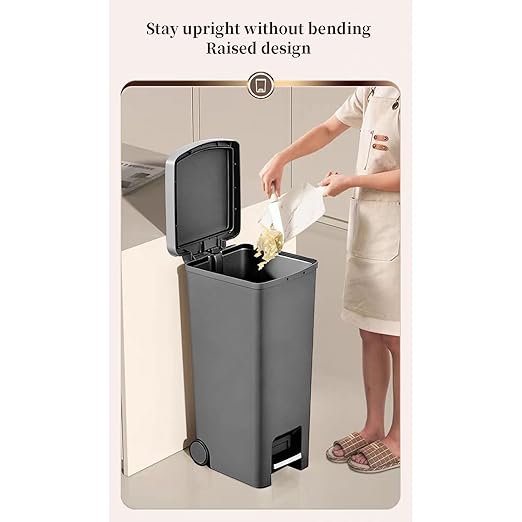 Gray trash bin with a person using it, labeled 'Stay upright without bending Raised design'.