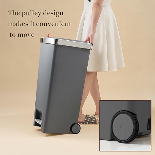 Gray trash bin with wheels and text on a beige background