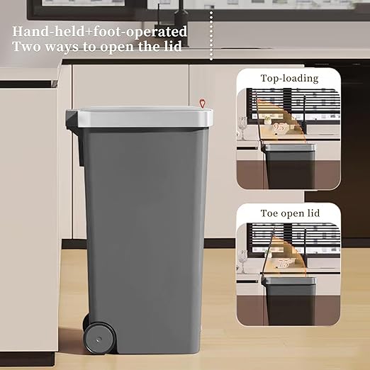 Gray trash bin with text indicating two ways to open the lid in a kitchen setting.