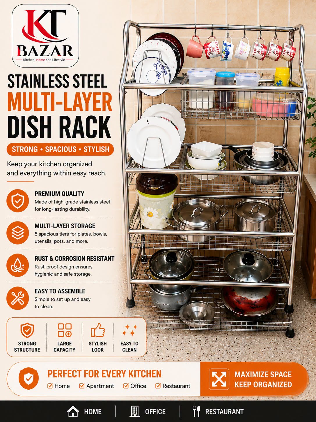 304 Grade Stainless Steel 5-Layer Kitchen Dish Rack