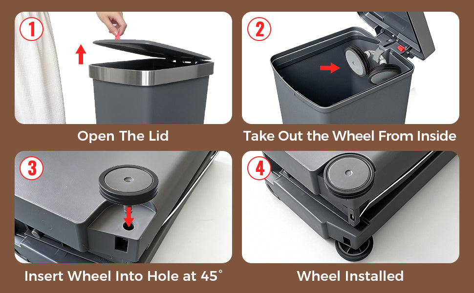 Step-by-step guide on how to install a wheel inside a trash bin.