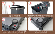 Step-by-step guide on how to install a wheel inside a trash bin.
