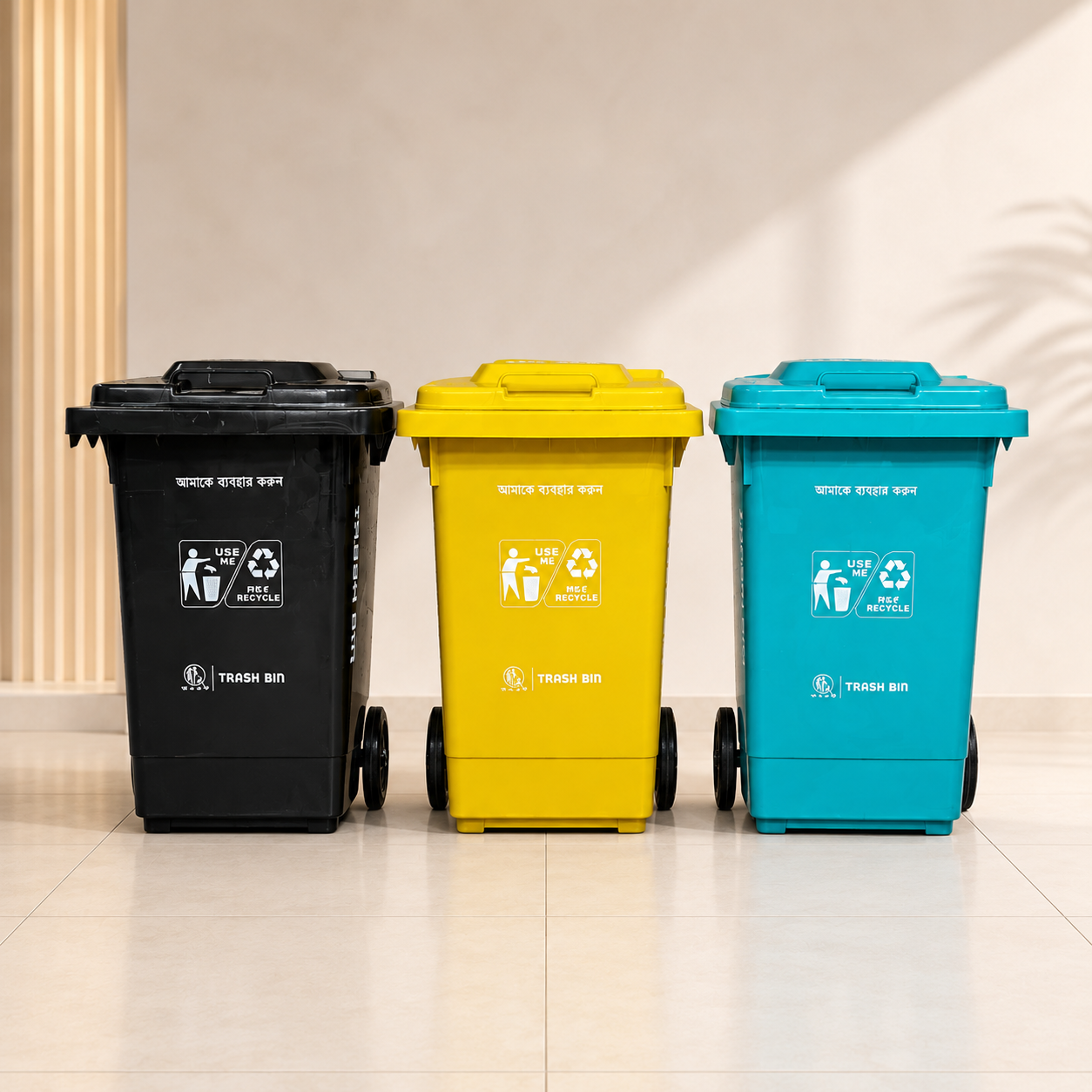 Three trash bins in black, yellow, and blue on a light-colored floor.