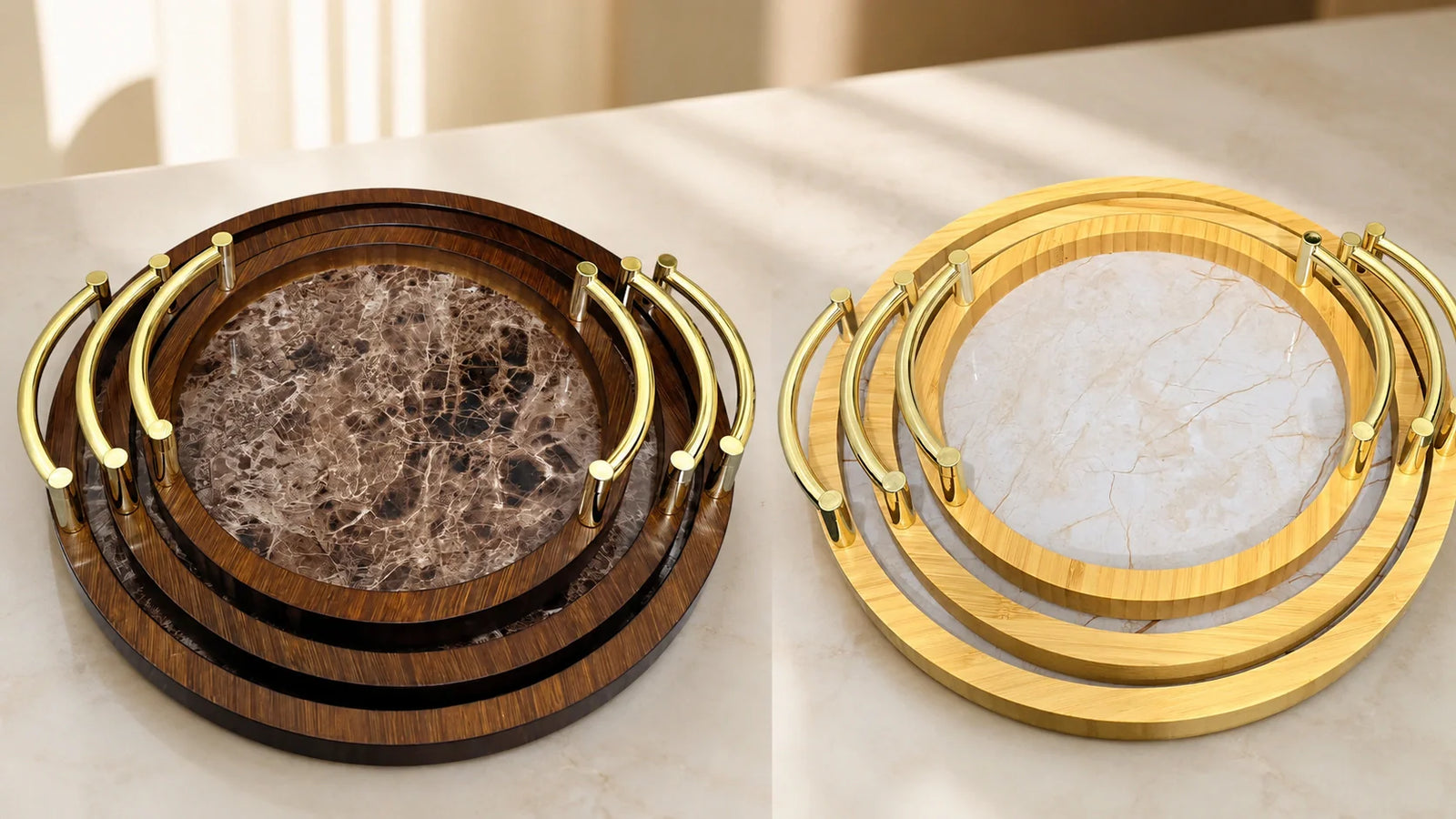 Three piece wooden serving tray set with marble design – KT Nest