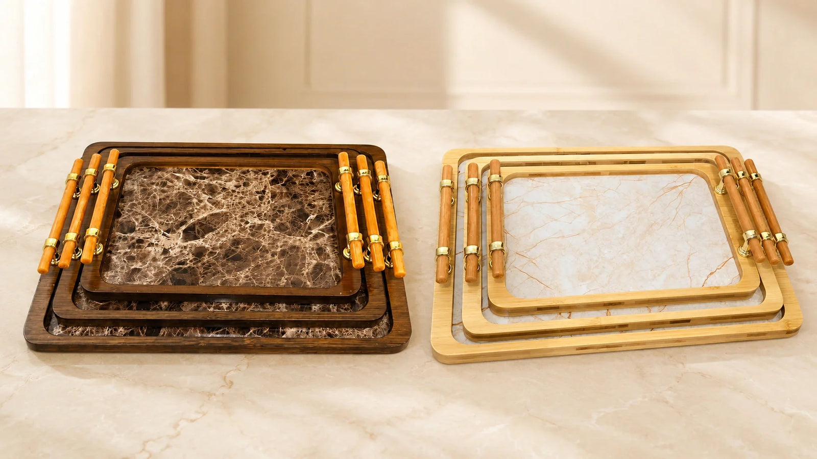 Premium Wooden Serving Tray Set (3 Pcs) – Marble Design Decorative Tea, Coffee & Serving Tray Set