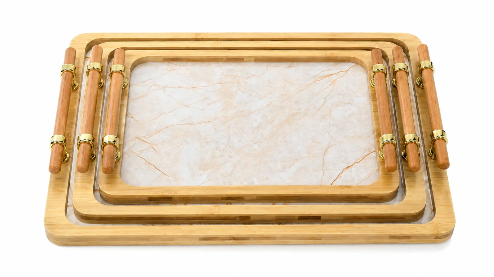 Premium Wooden Serving Tray Set (3 Pcs) – Marble Design Decorative Tea, Coffee & Serving Tray Set