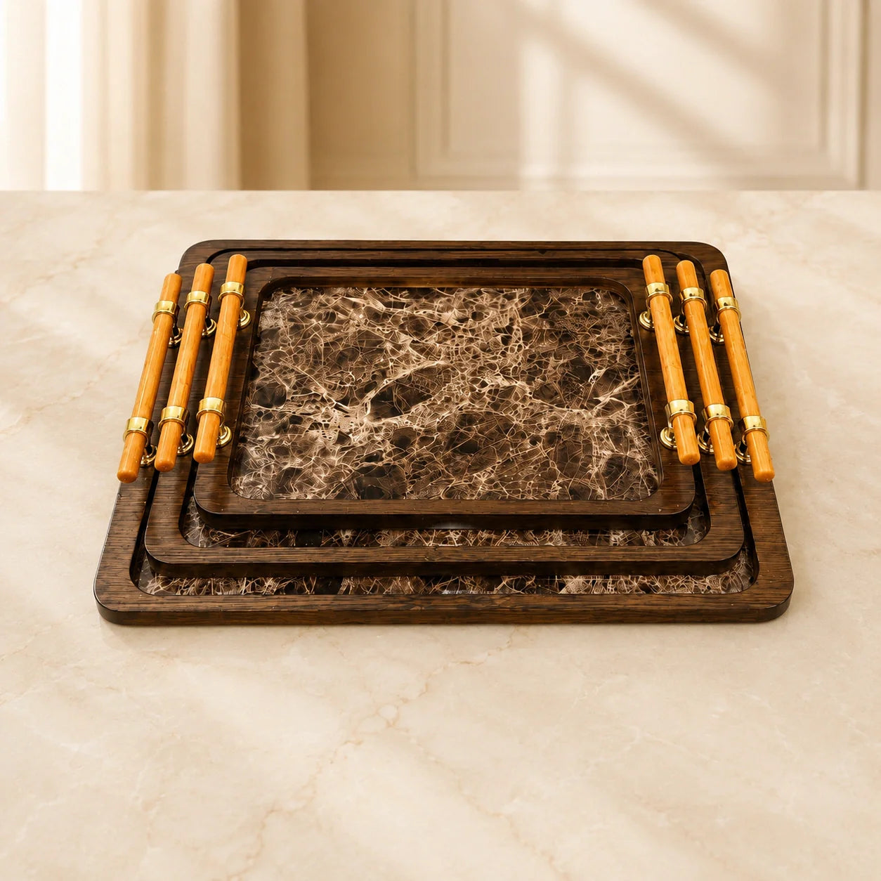 Premium Wooden Serving Tray Set (3 Pcs) – Marble Design Decorative Tea, Coffee & Serving Tray Set