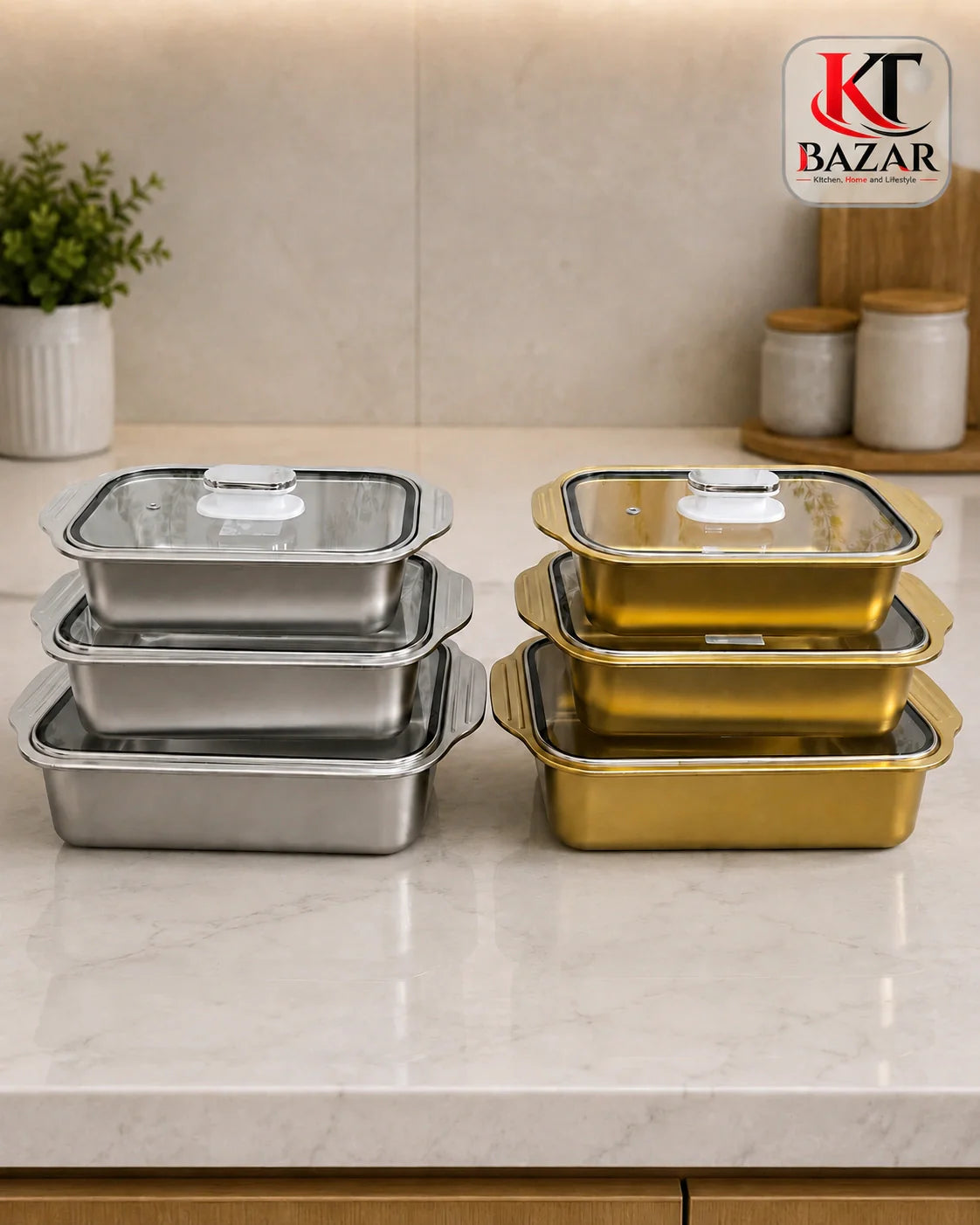 Three piece stainless steel food container set with glass lids – KT Nest
