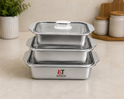Premium Stainless Steel Food Storage Container Set (3 Pcs) with Glass Lid – Kitchen Storage & Serving Bowl Set