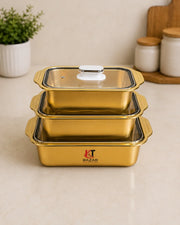 Premium Stainless Steel Food Storage Container Set (3 Pcs) with Glass Lid – Kitchen Storage & Serving Bowl Set