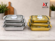 Premium Stainless Steel Food Storage Container Set (3 Pcs) with Glass Lid – Kitchen Storage & Serving Bowl Set