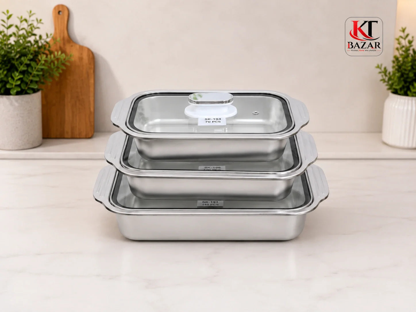 Premium Stainless Steel Food Storage Container Set (3 Pcs) with Glass Lid – Kitchen Storage & Serving Bowl Set