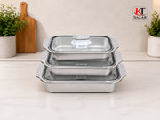 Premium Stainless Steel Food Storage Container Set (3 Pcs) with Glass Lid – Kitchen Storage & Serving Bowl Set