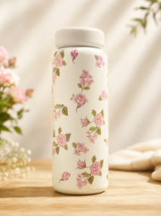 Vintage Floral Stainless Steel Vacuum Flask Bottle – Leakproof Insulated Hot & Cold Water Bottle for Travel & Office