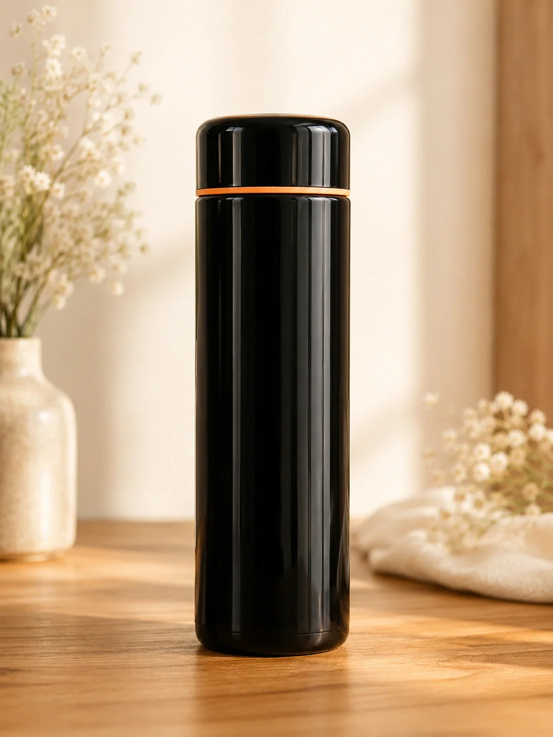 Black thermos bottle with orange accent on a wooden surface with decorative elements.