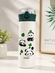 White water bottle with panda designs on a white surface