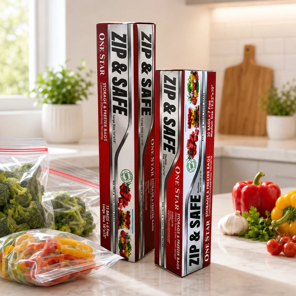 One Star Zip & Safe Storage & Freezer Bags – BPA Free Food Storage Zip Lock Bags for Kitchen & Freezer Use