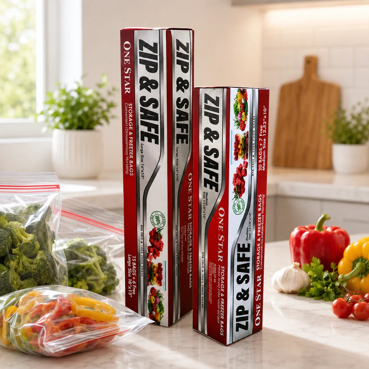 One Star Zip & Safe Storage & Freezer Bags – BPA Free Food Storage Zip Lock Bags for Kitchen & Freezer Use