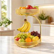 2 Tier Golden Fruit Basket with Banana Hook – Premium Metal Fruit & Vegetable Organizer for Kitchen Counter & Dining Table
