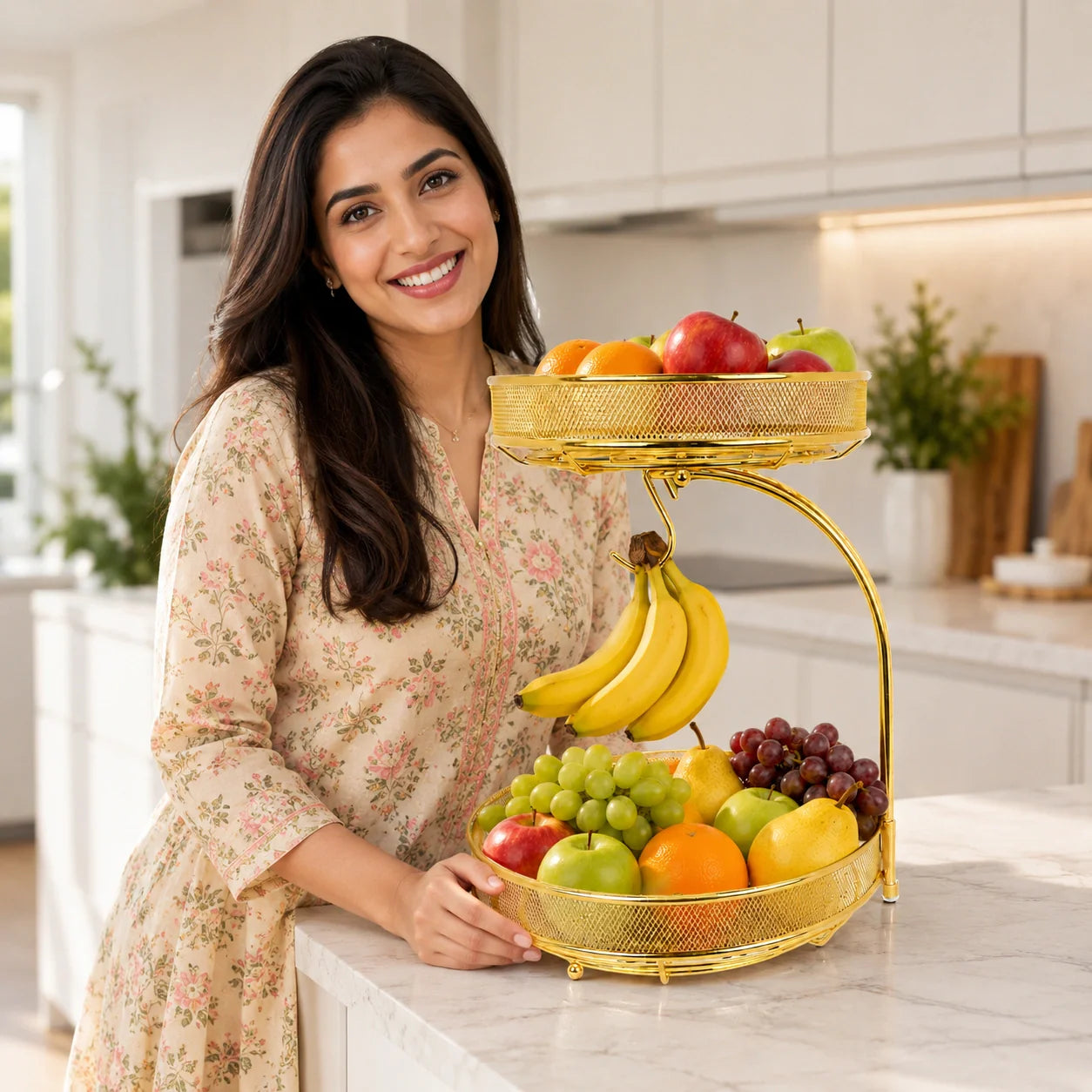 Two tier golden fruit basket with banana hook – KT Nest
