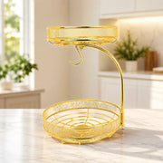 2 Tier Golden Fruit Basket with Banana Hook – Premium Metal Fruit & Vegetable Organizer for Kitchen Counter & Dining Table