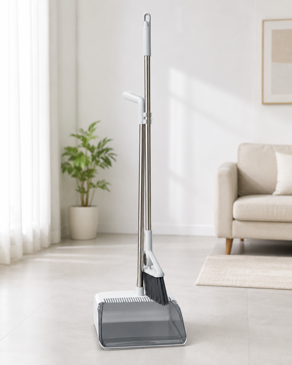 Long Handle Broom & Dustpan Set | Standing Cleaning Set with Comb Teeth(steel plate)