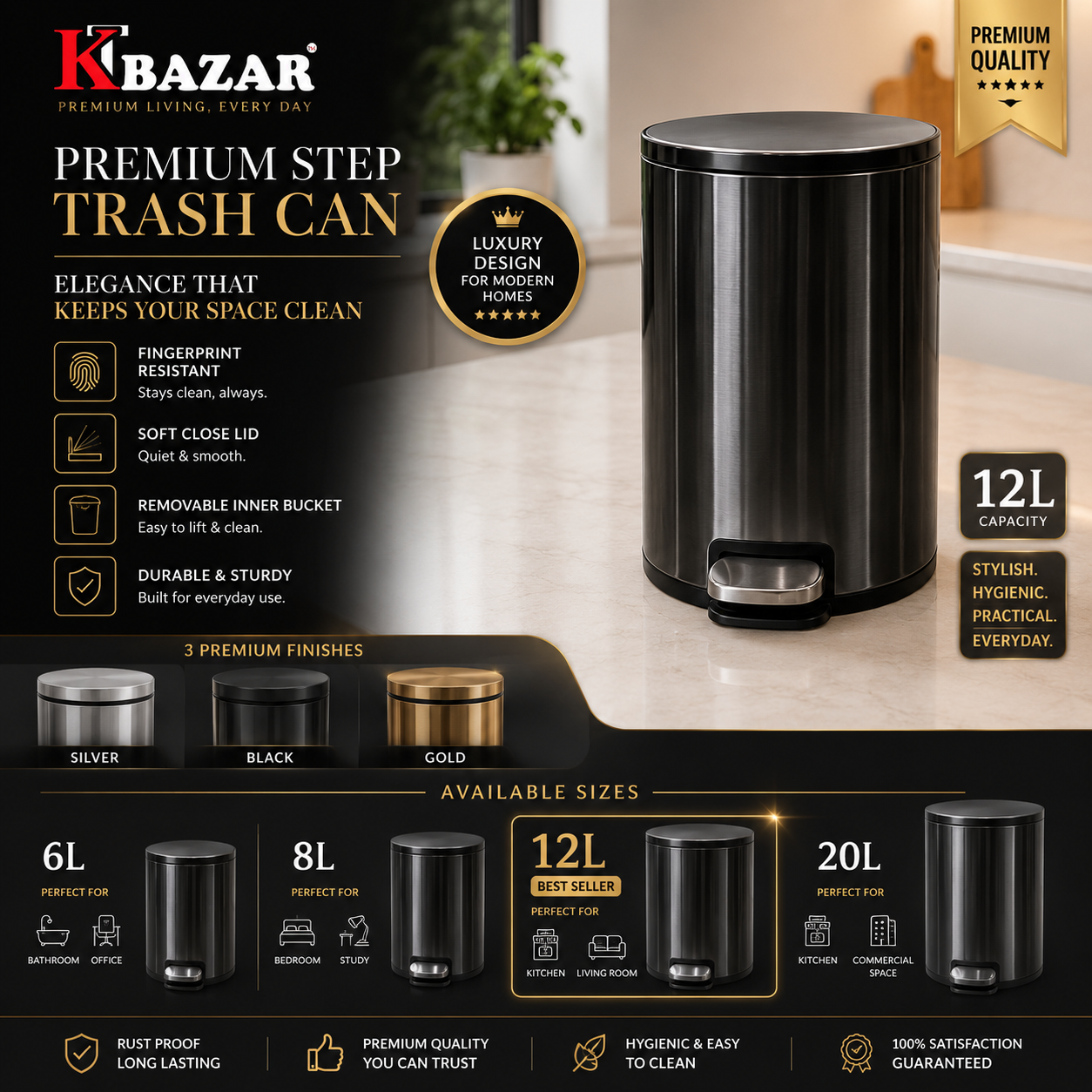 Stainless steel hydraulic pedal dustbin 6L to 20L – KT Bazar