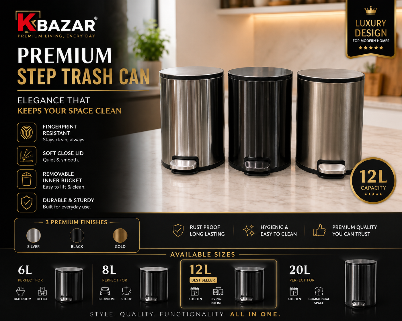 Stainless steel hydraulic pedal dustbin 6L to 20L – KT Bazar