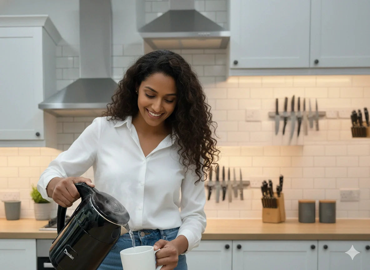 Woman pouring coffee from a black coffee maker into a white mug in a kitchen.