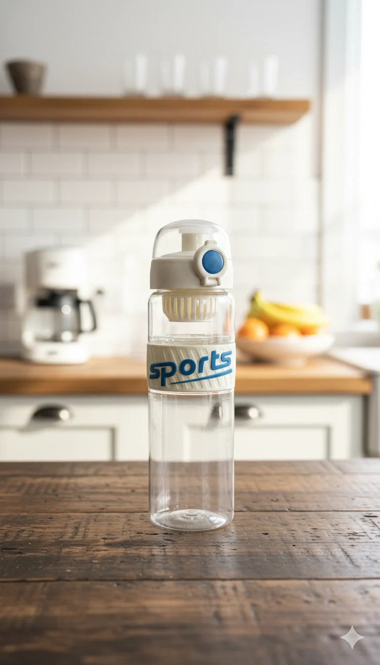 Clear water bottle with 'sports' label on a wooden table in a kitchen.