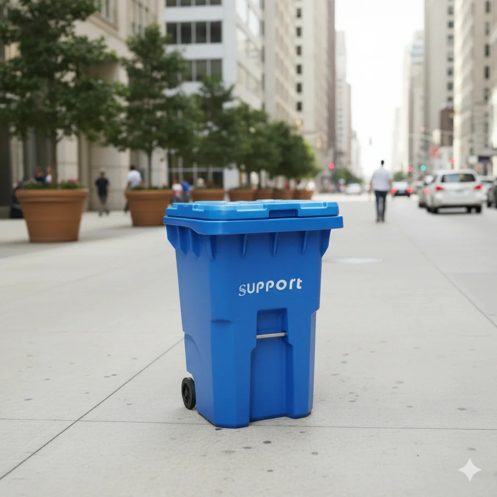 Blue recycling bin labeled 'Support' on a city street with blurred background