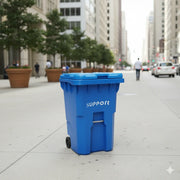 Blue recycling bin labeled 'Support' on a city street with blurred background