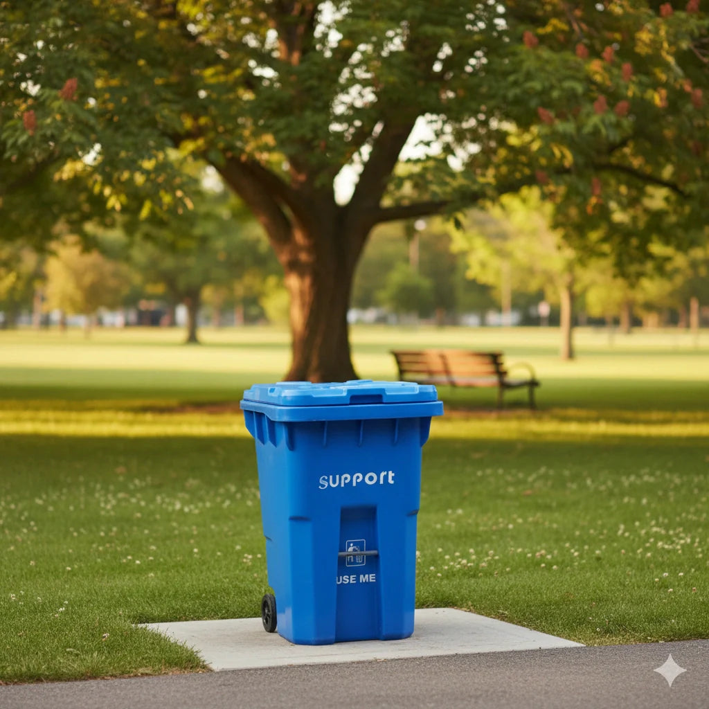 Blue recycling bin labeled 'Support' in a park setting with trees and grass.