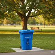 Blue recycling bin labeled 'Support' in a park setting with trees and grass.
