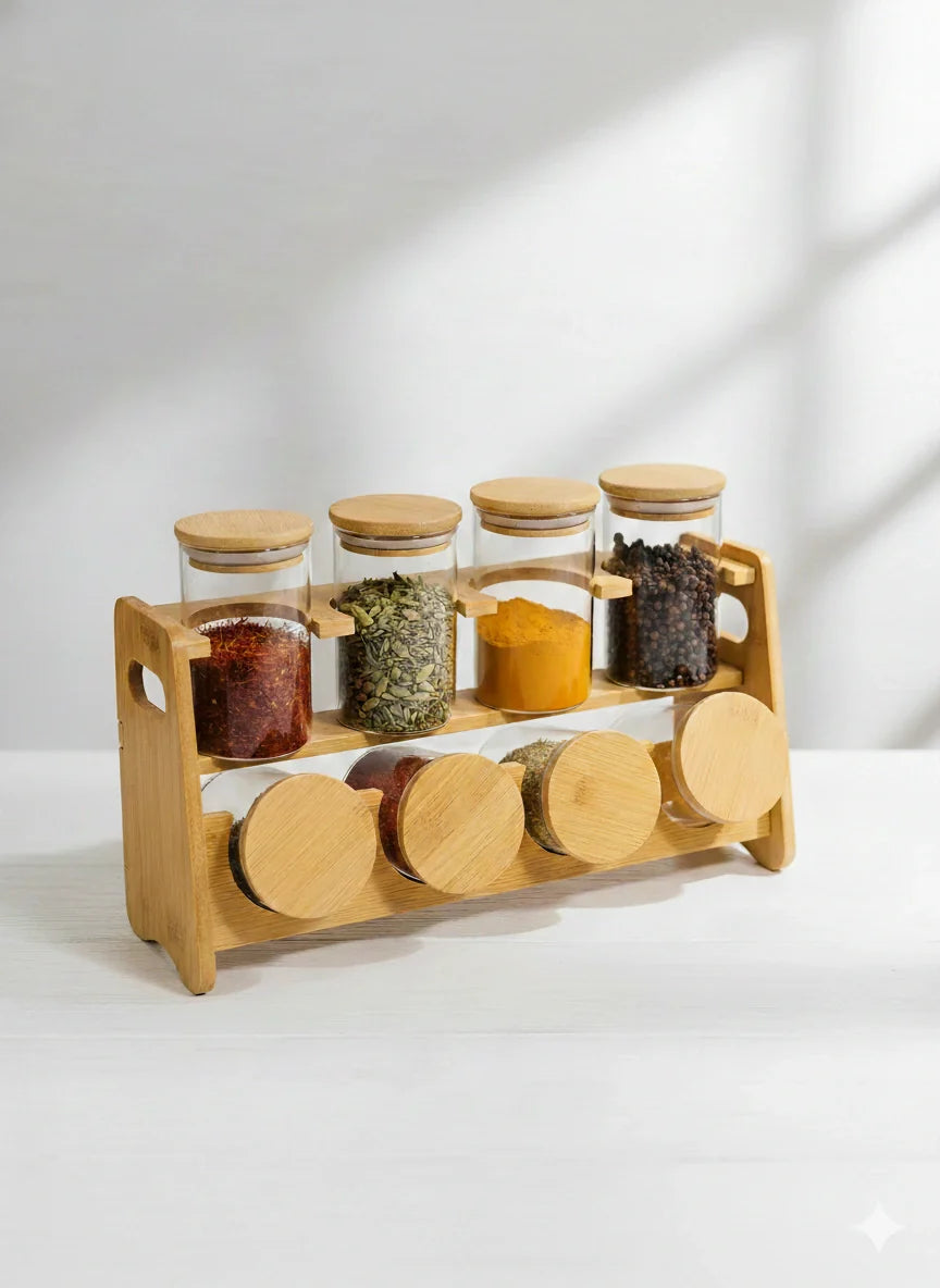 Glass Spice Jar Set with Bamboo Stand – 8 Pieces