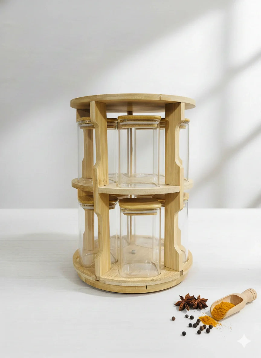 Glass Spice Jar Set with Bamboo Stand – 10 Pieces
