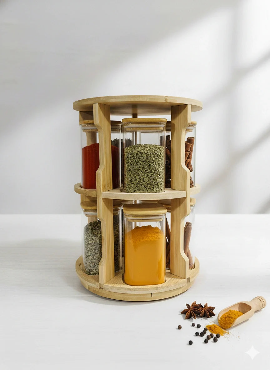 Glass Spice Jar Set with Bamboo Stand – 10 Pieces