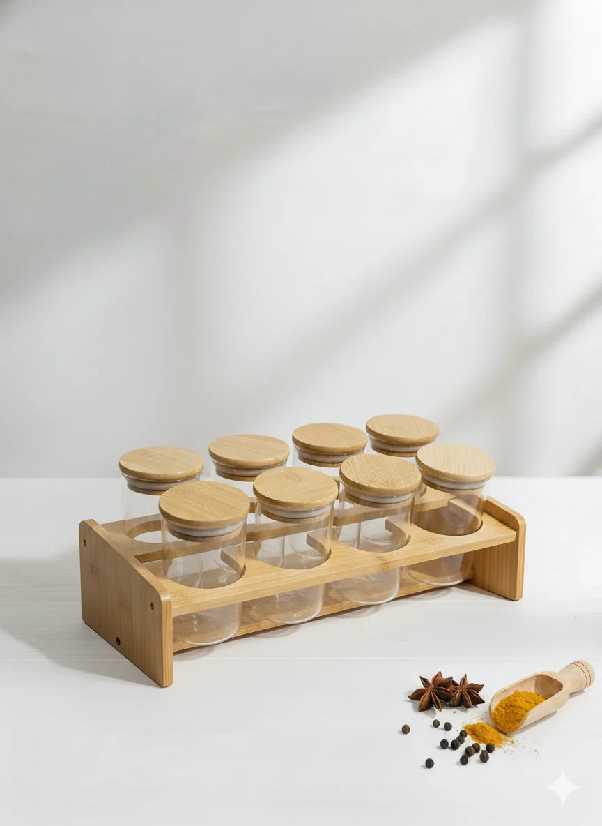 Glass Spice Jar Set with Bamboo Stand – 8 Pieces