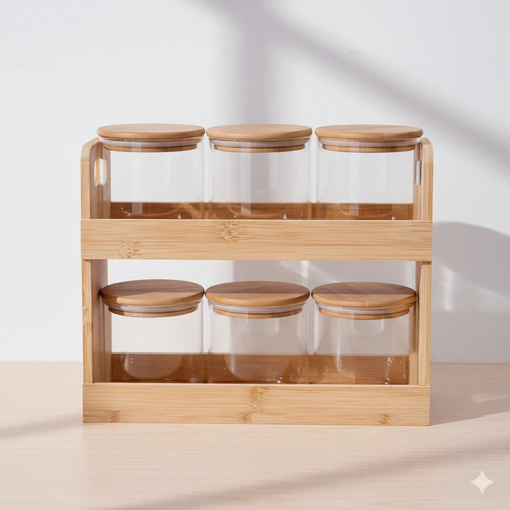 Six piece glass spice jar set with bamboo stand – KT Nest