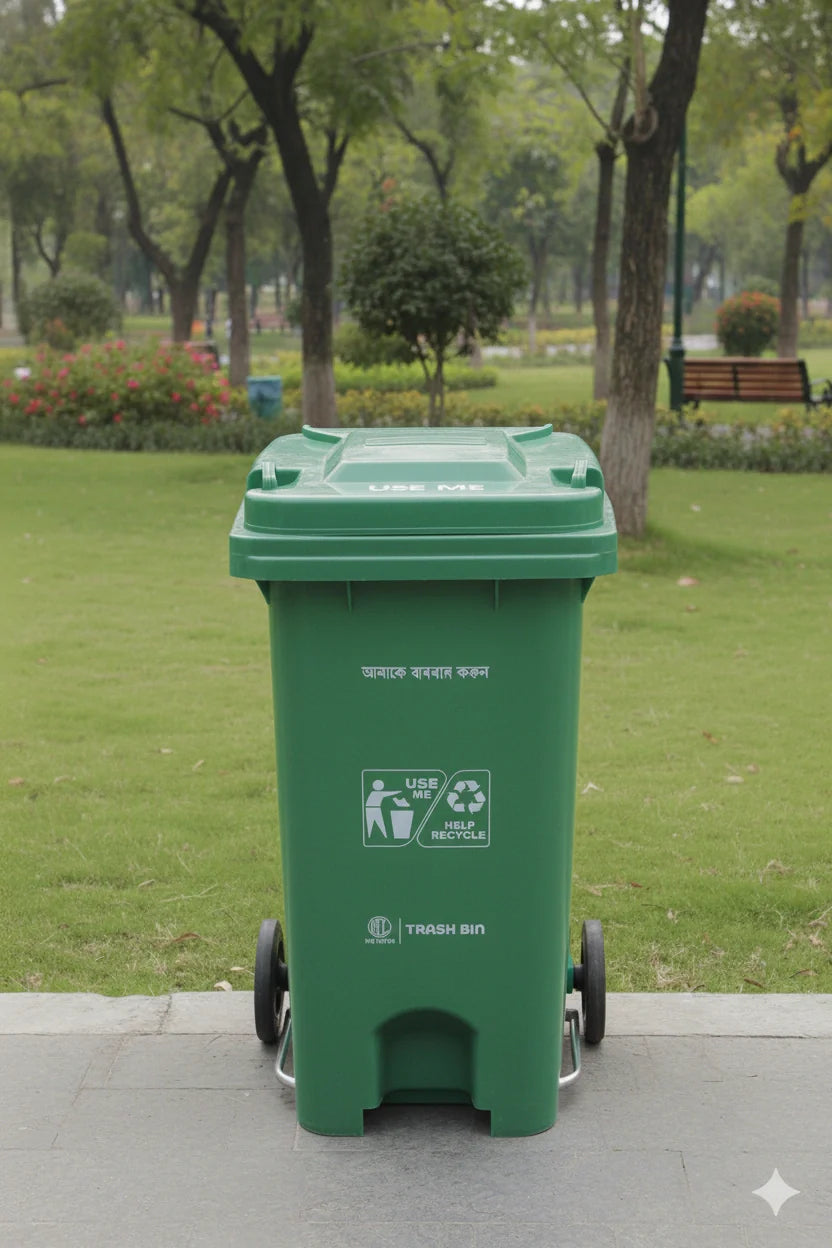 Green recycling bin in a park setting with trees and grass.
