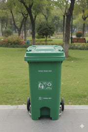 Green recycling bin in a park setting with trees and grass.