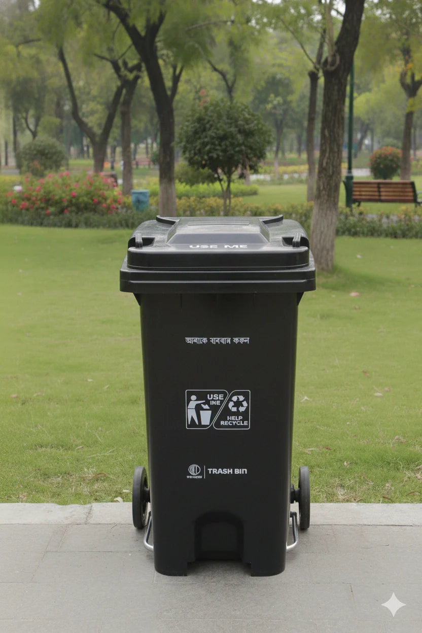 Black trash bin with recycling symbols in a park setting