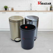 Three metallic trash cans with KBAZAR branding in a kitchen setting.