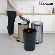Three metallic trash bins in a kitchen setting with a person opening one of them, featuring the Kbazar brand.