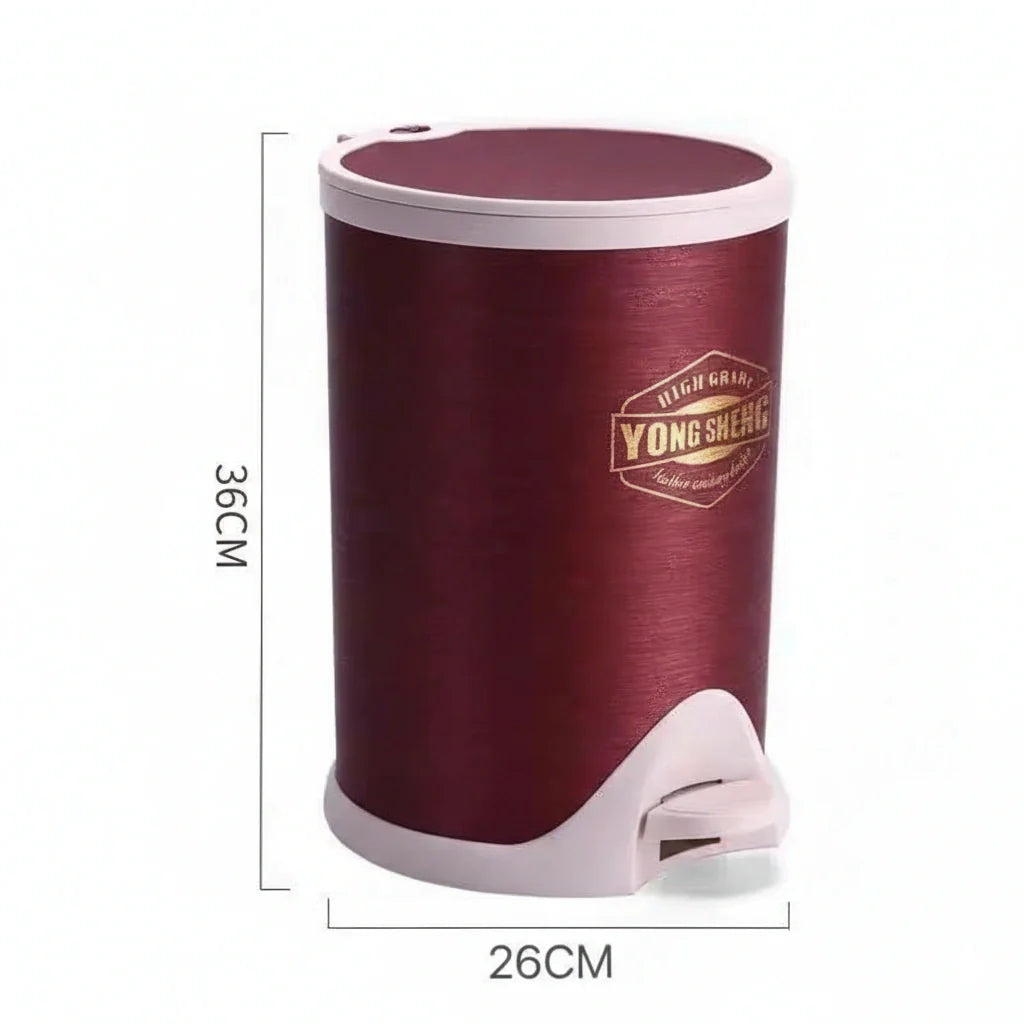 Maroon pedal bin with dimensions labeled on a white background