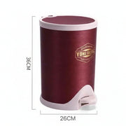 Maroon pedal bin with dimensions labeled on a white background
