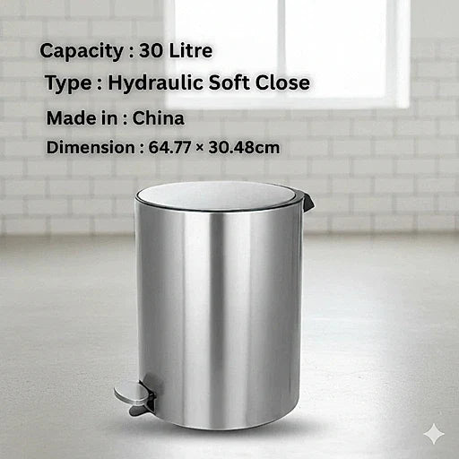 Metal trash bin with specifications on a tiled wall background